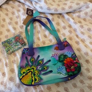 Anuschka Vibrant Floral Peacock Shoulder Bag
